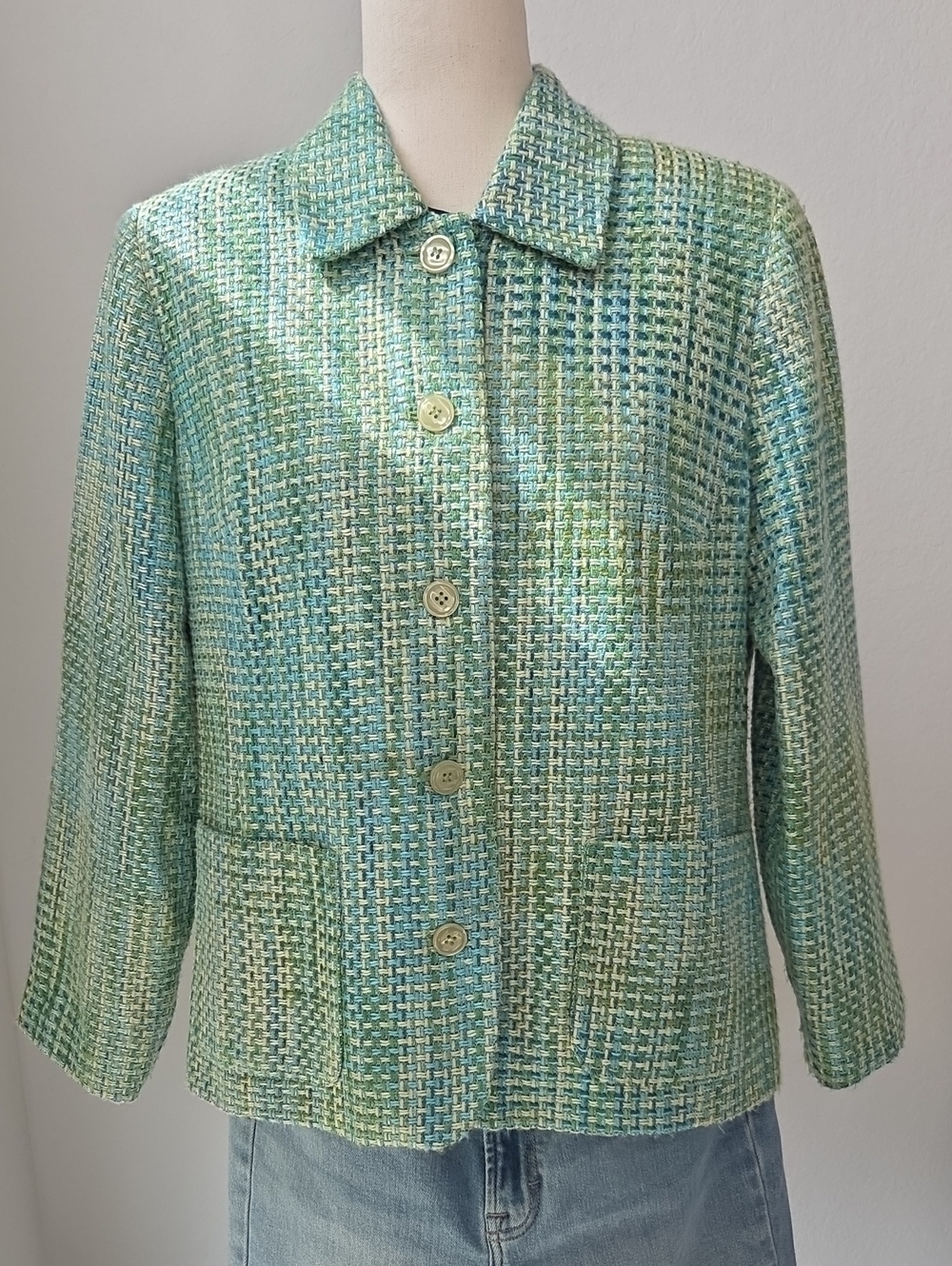 Women’s Textured Green Tweed Jacket Blazer Lime Green Aqua Blue Appleseeds Sz 12